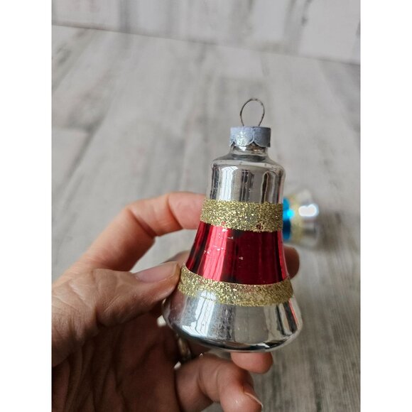 Vintage glitter mercury glass bell ornament gold striped green red blue set Xmas - Picture 2 of 15